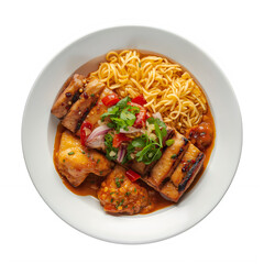 Fototapeta premium Delicious chicken and rice dish on white plate cutout letter