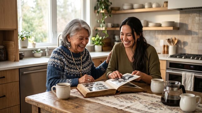 A Cherished Moment: A smiling grandmother and her adult granddaughter share a tender moment as they look through a vintage photo album, reminiscing over memories in a warm, sunlit kitchen.