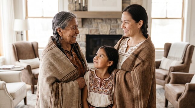 Generations Connected: A heartwarming portrait capturing three generations of Indigenous women&mdash;a grandmother, mother, and daughter&mdash;sharing a tender moment.