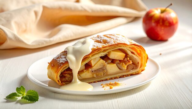 Horizontal image featuring a slice of homemade apple strudel topped with white sauce and powdered sugar on a white plate, accompanied by a fresh red apple and mint leaves. Ideal for bakery menus, trad