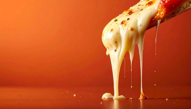Horizontal image featuring a close-up of cheesy pizza with long stretchy melted mozzarella cheese strings pulling upwards against a warm background. Ideal for pizzeria menus, fast food advertisements,