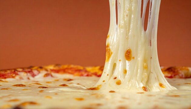 Horizontal image featuring a close-up of cheesy pizza with long stretchy melted mozzarella cheese strings pulling upwards against a warm background. Ideal for pizzeria menus, fast food advertisements,