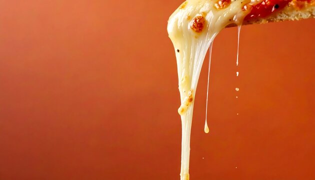 Horizontal image featuring a close-up of cheesy pizza with long stretchy melted mozzarella cheese strings pulling upwards against a warm background. Ideal for pizzeria menus, fast food advertisements,