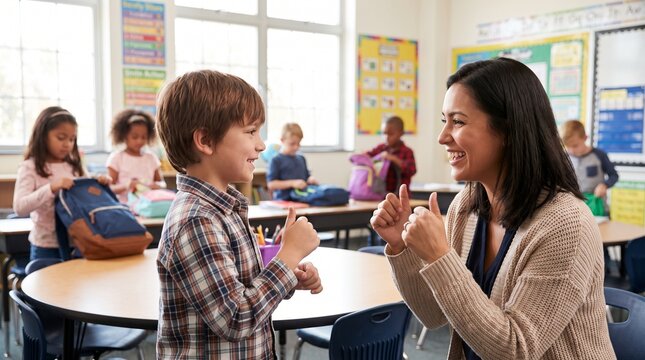 oy using sign language with teacher in classroom