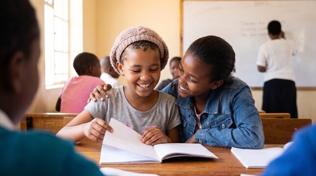 Girl in headscarf studying with classmate in classroom