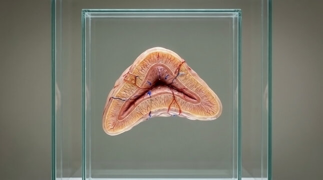 Cross section of human heart muscle tissue inside transparent glass case concept with pathology