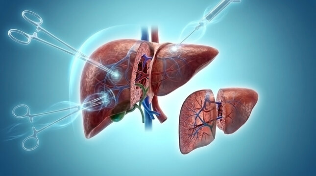 Medical illustration of laparoscopic liver surgery procedure with surgical tools, laparoscopy