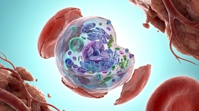 Cellular biology concept with human cell nucleus and surrounding blood cells, cytology