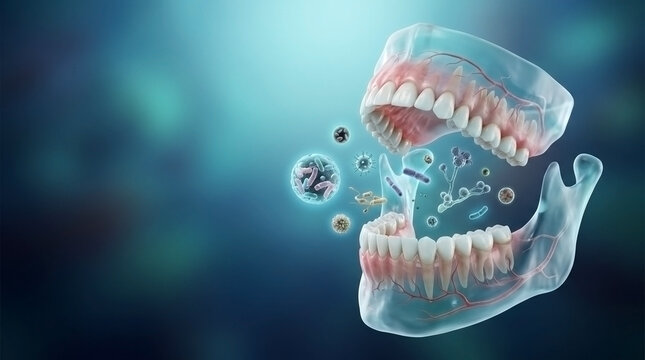 Human jaw anatomy showing tooth decay bacteria and microbial infection concept with dentistry