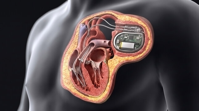 Cross section illustration of a human torso showing a cardiac pacemaker implanted in the heart