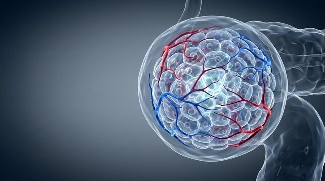 Renal corpuscle anatomy showing glomerulus and capillary network in medical illustration