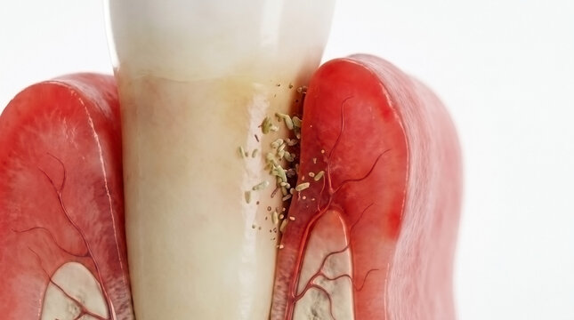 Macro view of gum disease and dental plaque buildup on a human tooth cross section