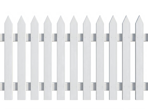 A classic white wooden picket fence section isolated against a solid black background perfect for home improvement and garden design projects