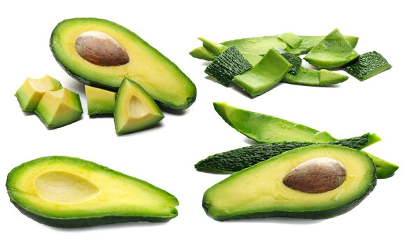 Set slices of avocado isolated on white background, side view