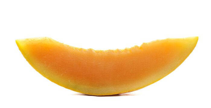 Cantaloupe melon, honeydew slice isolated on white background, side view 	