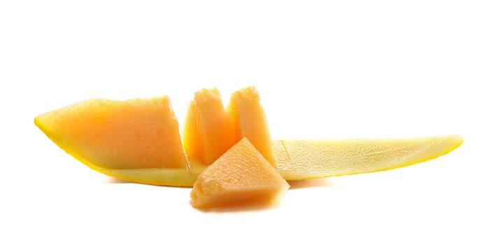 melon fruit pieces isolated on white background, side view