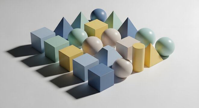 Collection of geometric shapes including cubes spheres pyramids and cylinders in pastel colors arranged on a white background with shadows