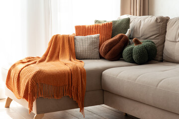 Obraz premium Autumn Cozy Living Room Sofa Corner With Textured Pillows And Orange Throw Blanket