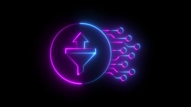 glowing neon data funnel icon with integrated digital circuit nodes on black background. representing automated information processing and systematic data filtering for modern business. 4k video.