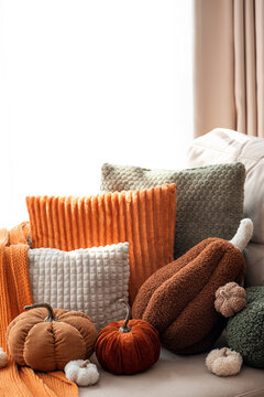 Cozy Autumn Decoration Assortment Pumpkins Pillows Cozy Home Decor Arrangement