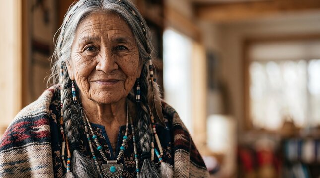 Elderly Indigenous Woman Portrait: A wise and dignified elderly Indigenous woman with weathered features and traditional adornments gazes calmly forward.