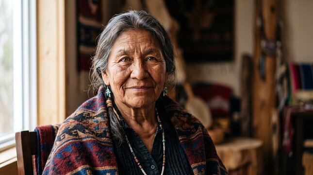 Elderly Indigenous Woman Portrait: A wise and dignified elderly Indigenous woman with weathered features and traditional adornments gazes calmly forward.
