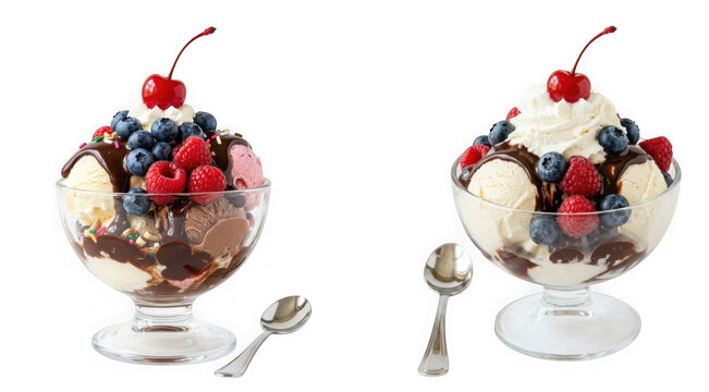 Two delicious ice cream sundaes with berries, chocolate sauce, and cherries isolated on transparent background