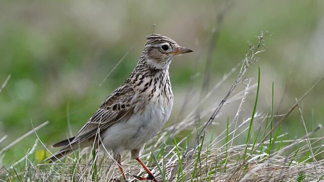Eurasian skylark standing on dry grass in the steppe