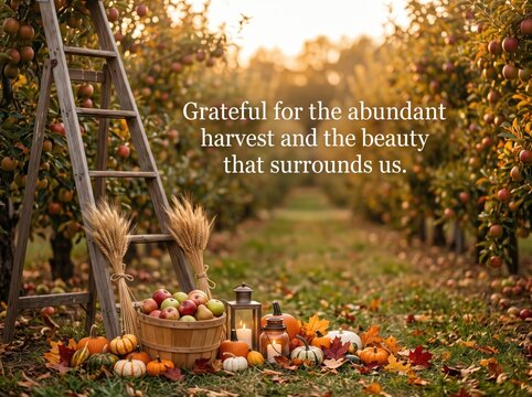 Autumn harvest scene with pumpkins, apples, and fall decorations in an apple orchard with thanksgiving quote