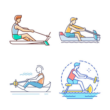 Four rowing and kayaking activities illustration - Bright vector illustration showing people rowing and kayaking in water with happy expressions.