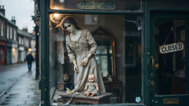 Vintage mannequin wearing a long dress and a small doll standing in a shop window with a closed sign on a quiet street in the evening light