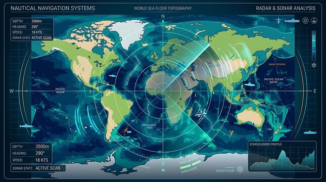 Modern nautical world map with sonar and radar analysis display