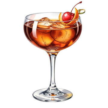 A classic cocktail in a coupe glass with cherry and orange garnish isolated on transparent background