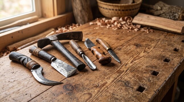 Artisan Woodworking Tools: A collection of traditional woodworking hand tools, including chisels, knives, and a hammer, laid out on a rustic wooden workbench.
