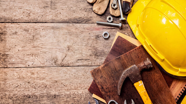 Construction tools on wooden background, yellow hard hat with hammer and nails, carpentry workshop flat lay