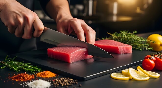 A professional chef precisely slicing a vibrant fresh piece of raw red tuna on a sleek black cutting board surrounded by aromatic herbs and spices