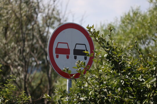 No overtaking road sign surrounded by green vegetation in summer