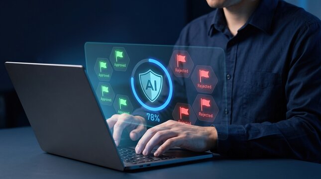 AI content moderation dashboard holographic interface above laptop with professional hands reviewing approved and rejected content, intelligent compliance verification and automated quality control wo