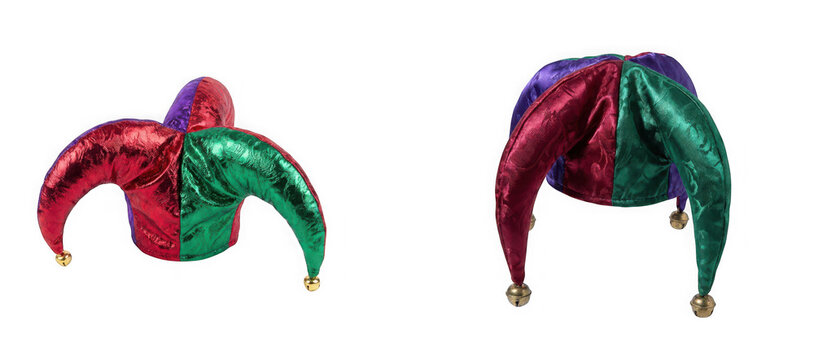 Metallic multicolored jester hat with bells isolated on transparent background
