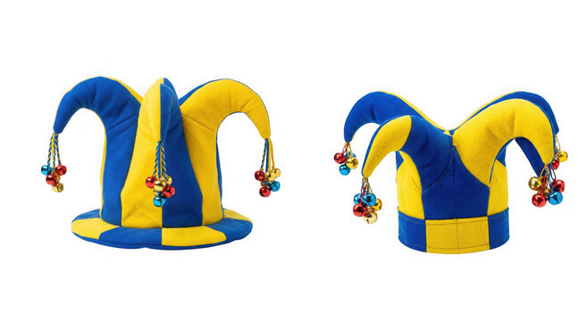 Blue and yellow jester hat with bells isolated on transparent background