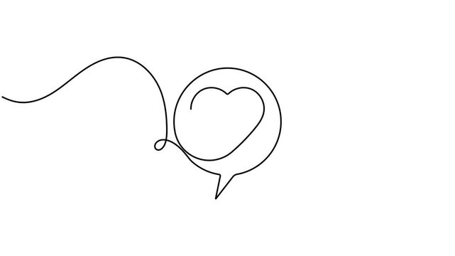 Love heart speech bubble icon sign continuous one line drawing moving on white background minimalist single art romantic conversation and social media messaging chat concept symbol animation video