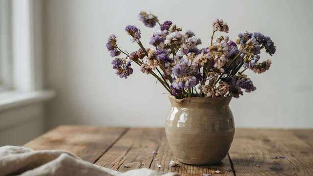 A rustic ceramic vase filled with dried purple and beige statice flowers sitting on a weathered wooden table in a bright room interior