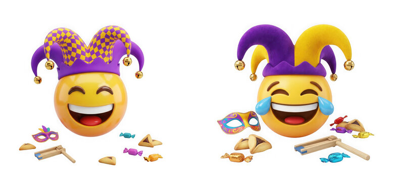 Two purim celebration emojis wearing jester hats with traditional treats and noisemakers isolated on transparent background