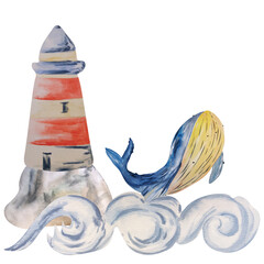 Watercolor illustration of a lighthouse and whale on a white background. Suitable for cards, decor, labels, advertising, stickers, and compositions.