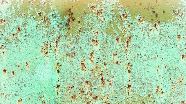 Seamless 4K looping vertical movement across a weathered green painted surface with rust spots and vintage texture. Perfect for grunge backgrounds and motion graphics.
