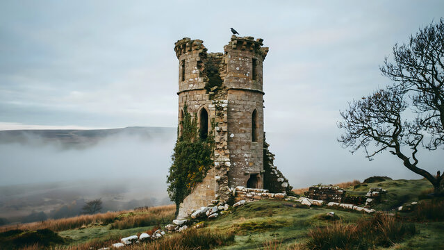 A solitary, ruined stone tower with ivy, set against a backdrop, of rolling hills, and thick morning, fog under a, muted, overcast sky, with a crow