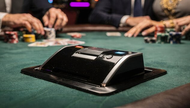 Closeup medium shot of a card reader embedded in a modern casino table capturing the devices sharp features as players interact with the rest of the scene softly out of focus.