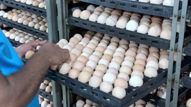 Poultry Worker Handling Chicken Eggs on Trays Inside Commercial Hatchery