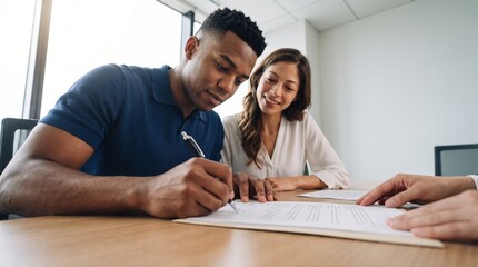 Obraz premium Young couple signing bank mortgage loan contract agreement documents during business meeting with financial advisor broker for buying new real estate property in modern bright corporate office.