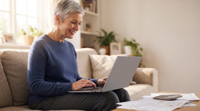 Smiling senior woman working on laptop with documents and calculator on table, filing tax return online, managing retirement budget, mortgage loan documents, and personal banking at home
